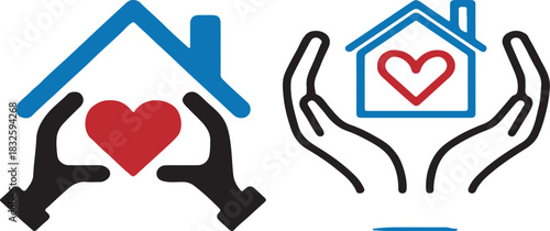 Set of two Home Care Vector Icons. Hands Holding House with Red Heart Symbol.