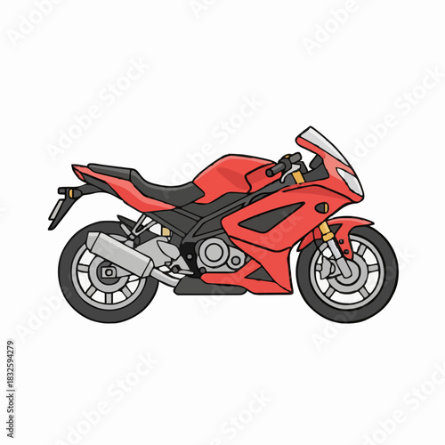 Red sport motorbike isolated on white background featuring a sleek engine and chrome wheels for fast road transport