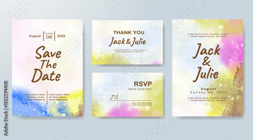Set of Wedding invitation with abstract splash watercolor