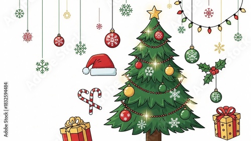 Festive Christmas Tree Illustration Decorated with Ornaments, Gifts, Holly, Candy Canes and Hanging Holiday Decorations