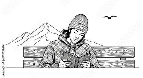 A young person enjoys a peaceful moment outdoors, engrossed in a book while sitting on a bench with majestic mountains and a bird in the background.