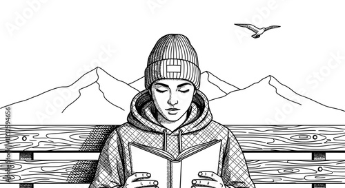 A focused individual, adorned in a beanie and hoodie, finds solace reading a captivating book outdoors amidst a serene mountainous landscape.