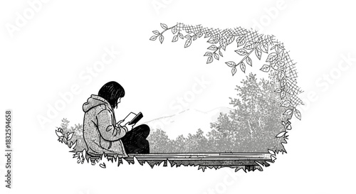 An illustrated scene depicts a person enjoying a tranquil moment, deeply engrossed in reading a book amidst lush, natural surroundings.