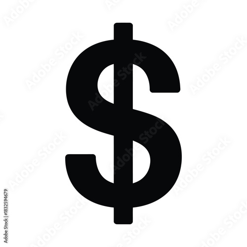 Black dollar sign symbol, representing currency, finance, money, wealth, and economic value in a simple graphic icon format