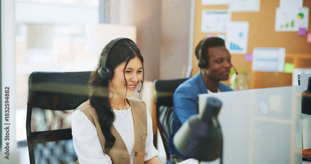 Obraz premium Happy woman, consultant or agency with headset in office for online advice or virtual assistance. Female person, employee or friendly agent with mic on computer for CRM communication, help or support