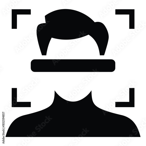 Black and white icon representing facial recognition technology with a persons silhouette framed by corner brackets, symbolizing biometric scanning and security identification
