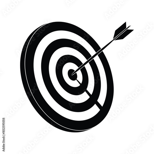 Black and white silhouette icon of an arrow hitting the bullseye center of a target