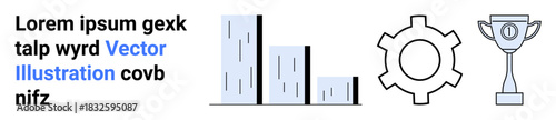 Vertical bar chart, gear symbol, and trophy emphasizing data analysis, workflow optimization, and achievement concepts. Ideal for business performance, goal tracking, productivity, strategy