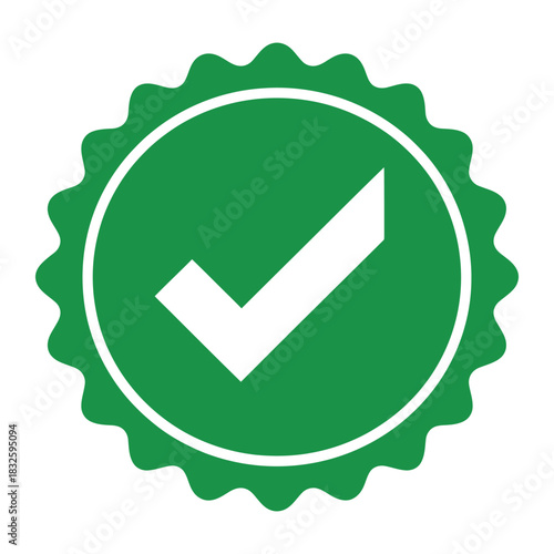 Green verification badge icon with a white checkmark inside a circular seal shape