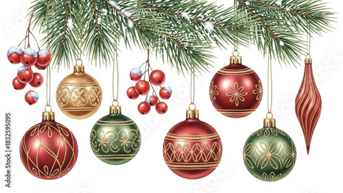 Watercolor Christmas Ornaments Hanging from Pine Branch with Berries Festive Illustration