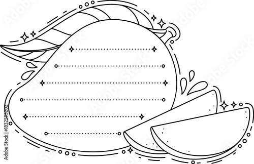Natural mango tropical fruit kids memo note template. Kids schedule vector frame, planner To Do list sticker. Child diary label or exotic fruit scrapbook memo note with mango fruit slice and leaves