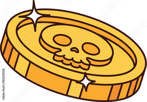 Cartoon groovy pirate gold coin with skull. Corsair treasure money, pirate nautical groovy isolated vector shiny golden coin with human skull. Piracy treasure hunting cartoon object or item