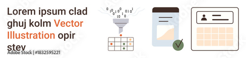 Data processing, filtering, validation, documentation, identity management, digital verification. A funnel, grid document and ID card illustration. Data filtering and validation concept
