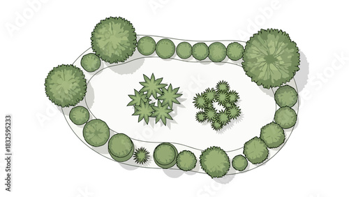 Oval garden plan with a mix of tree and shrub topiary, design for landscape architecture