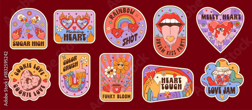 Retro groovy love label stickers, valentine hippie patches. Cartoon vector melting heart, rainbow shot, cookie love, dream kiss, funky bloom, hand holding heart, honey jar and flaming heart glasses