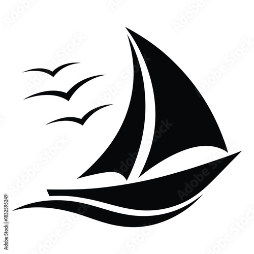 Black silhouette of a sailboat with three flying birds above the water wave