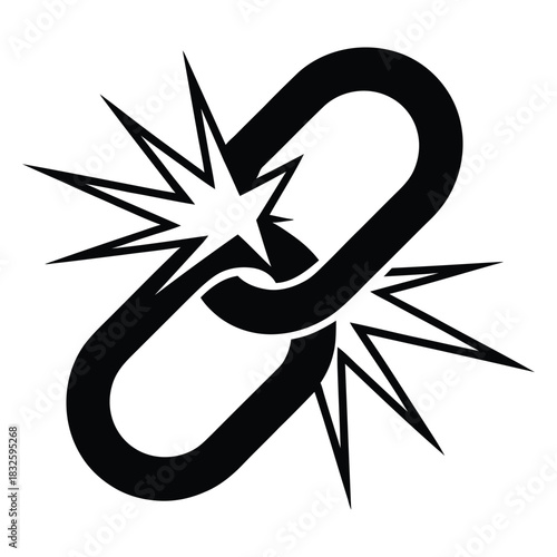 Black and white icon graphic representing a broken chain link with sharp starburst shapes indicating a snap or failure