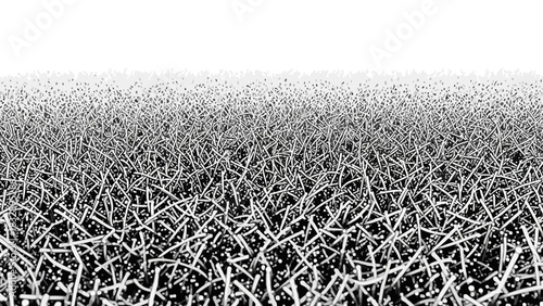 Abstract monochrome pattern featuring a dense field of thin, tangled lines resembling grass or plant stalks, creating a textured and gradient background effect suitable for various designs