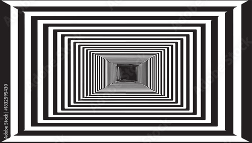 Black and white optical illusion of a receding tunnel of squares perspective