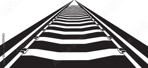 Black and white railroad tracks receding into the distance with perspective railway