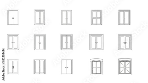 Set of minimalist line art icons showcasing various architectural designs of double doors, entrances, and doorways on a a white background