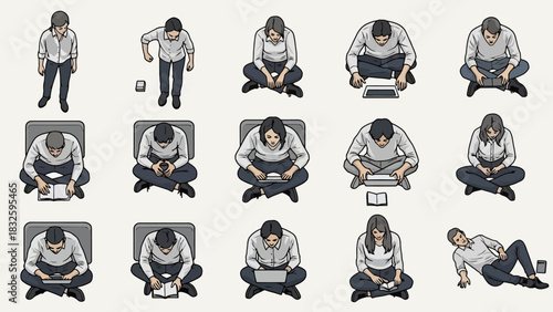 A collection of high-angle view illustrations showing a person in various poses using digital devices