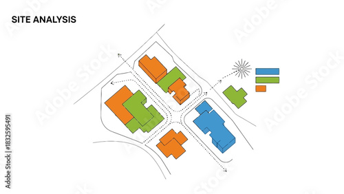 Schematic Site Analysis Diagram with Building Massing for Urban Planning and Architectural Development