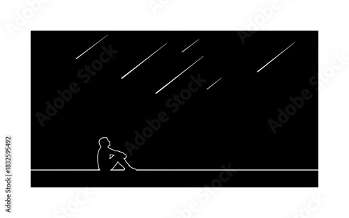 Contemplative stargazing: A minimalist silhouette under shooting stars