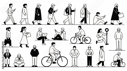 Collection of Line Drawings People Walking, Cycling, Using Devices, and Engaging in Activities
