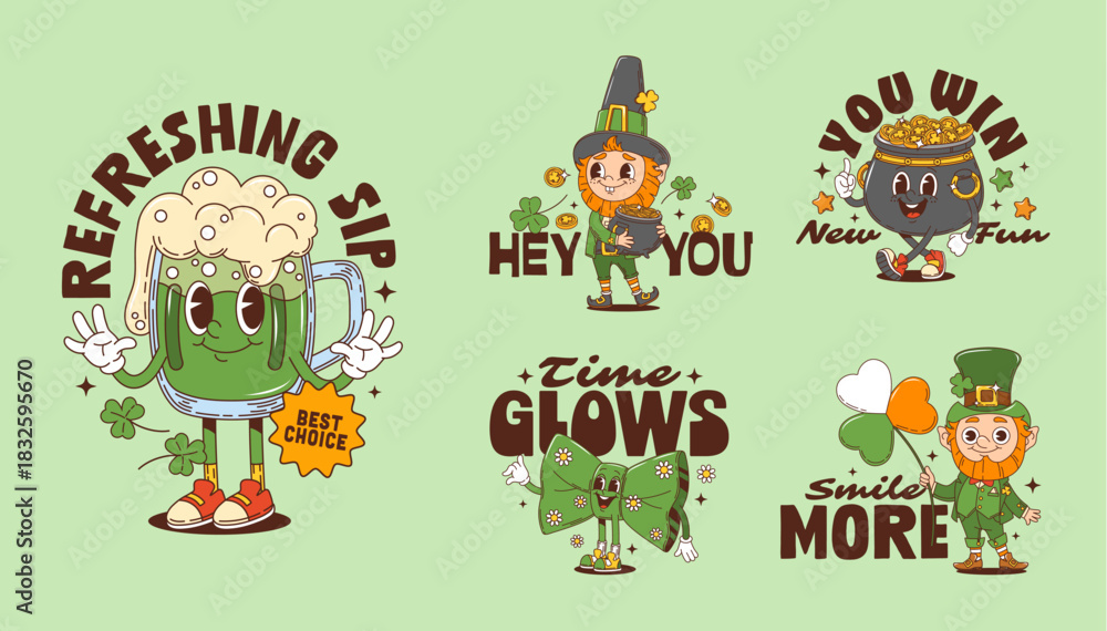 Obraz premium Retro funny groovy St Patrick Day characters stickers and t shirt prints, cartoon leprechaun with lucky clovers. Vector groovy stickers of cute gold pot, St Patrick Day green beer, bowtie characters