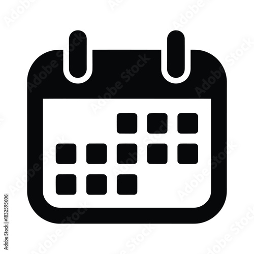 Black and white calendar icon representing schedule, appointment, event, reminder, date, planning, organization, and time management for business and personal use