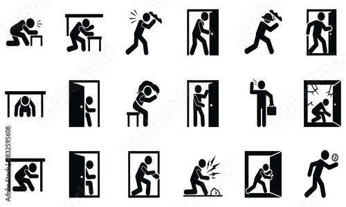 Safety Precautions and Emergency Preparedness Icons Depicting Various Dangerous Situations and Protective Measures