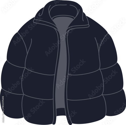 Winter wardrobe black puffer jacket, outdoor outfit item. Cold weather apparel outfit isolated element, winter wardrobe garment vector item. Autumn or spring black puffer jacket cartoon sticker