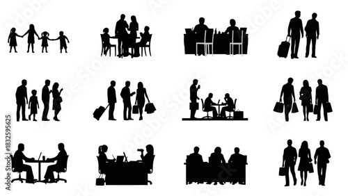 Comprehensive collection of people silhouettes showcasing diverse social interactions, professional engagements, and travel experiences in various group settings