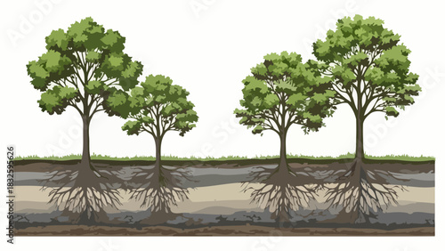 Illustrated Trees with Root Systems Visible in Ground