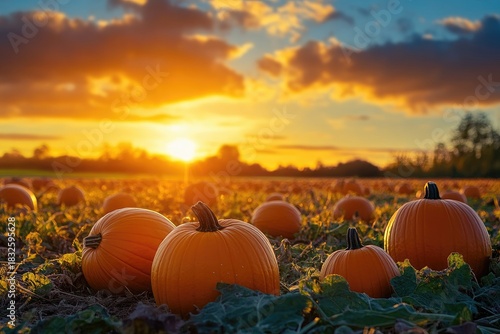 A field of pumpkins under a vibrant sunset, with a few scattered clouds in the sky.