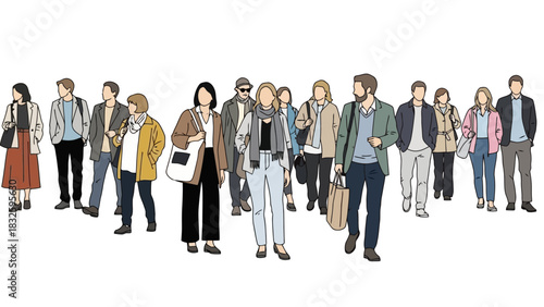 Hand-drawn illustration of a diverse crowd of people walking forward together in a community
