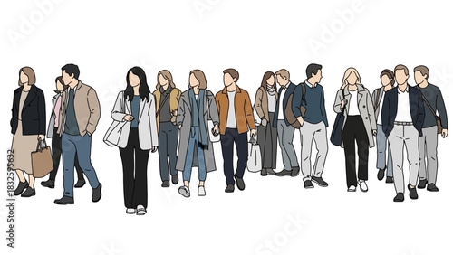 Street Scene Diverse Crowd of People Walking Together in City Life