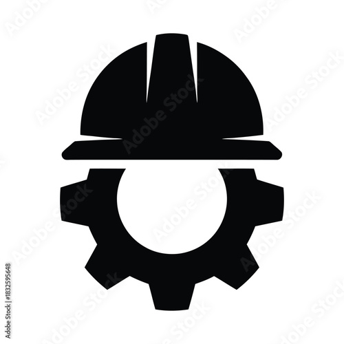 Illustration of a construction workers helmet placed above a gear, , symbolizing industrial safety and mechanical engineering
