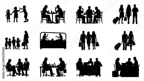 Silhouettes of various people engaging in diverse activities like dining, traveling, and meetings
