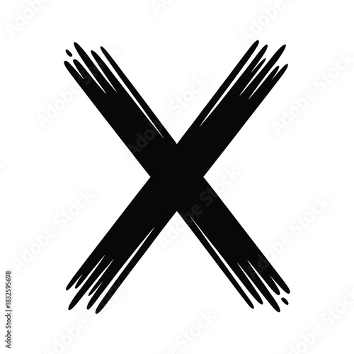 A bold black x mark, created with rough brush strokes, conveys a sense of cancellation, error, or a graphic design element
