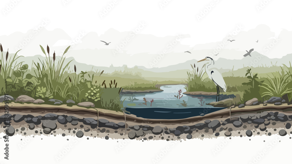 Naklejka premium Illustration of a freshwater wetland ecosystem showing a cross-section of a pond with a Great Egret hunting fish