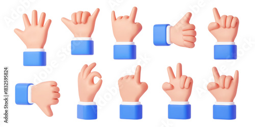3d hand gestures, realistic arm icons. Vector human arms with thumbs up, pointing, peace sign and okay, fist and rock gesture, open palm hand for emoji and social media