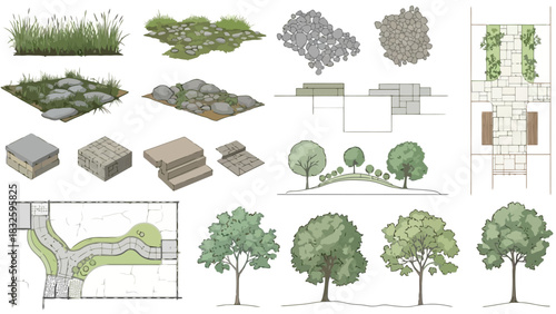 Comprehensive Collection of Landscape Design Elements Trees, Shrubs, Groundcovers, Paving, and Architectural Site Plans for Garden and Urban Planning Projects