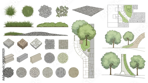 Comprehensive Landscape Architecture Design Set with Top and Side Views of Trees, Plants, and Paving for Urban Planning Concepts