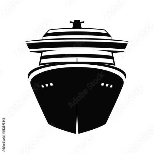 Front view of a cruise ship, a symbol of luxury travel and maritime adventure, rendered in a clean, minimalist black and white style