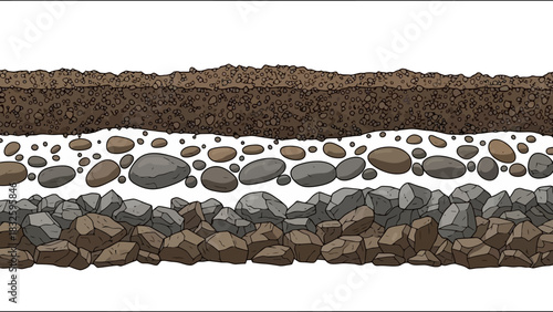 Cross-section illustration of soil layers, gravel, and earth materials for geology concepts