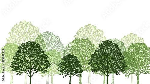 Vibrant Green Forest Canopy Illustration with Diverse Tree Silhouettes, Symbolizing Nature, Growth, and Environmental Harmony