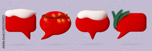 Christmas 3D speech bubbles with round and rectangle shapes and snow on top. Red vector dialog boxes with fir branches and garland lights for magical winter vibe