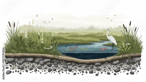 Illustrated cross-section of a serene wetland ecosystem showing the habitat of a great egret among cattails and water lilies